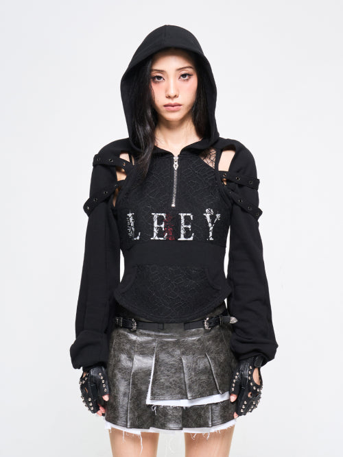 Meshed Slit Hoodie Top Black