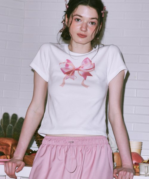Double Ribbon Slim Crop T-Shirt White Pink