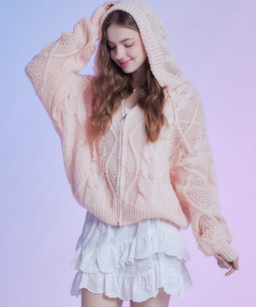MF Laurel Cable Hood Zip-Up - Pink