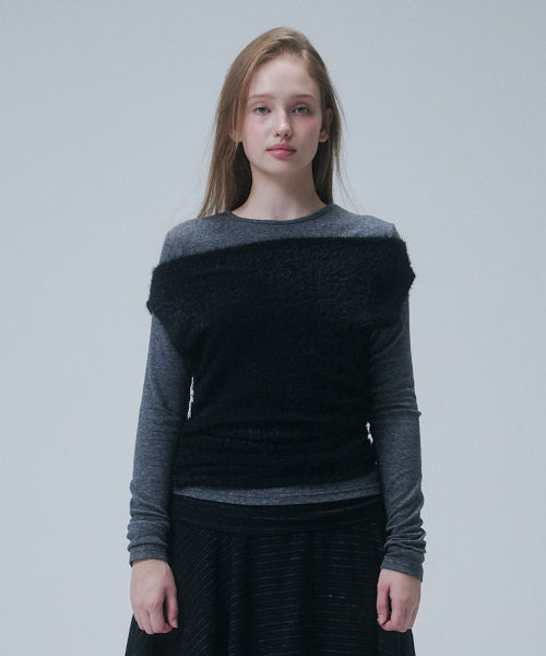 Furry Asymmetry Layered Top, Grey+Black