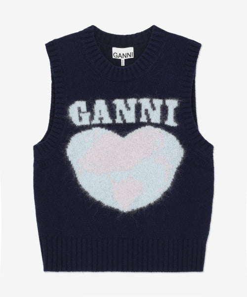 GANNI Graphic Soft Wool Mix Vest - Sky Captain / K2219683 - Size & Reviews | MUSINSA