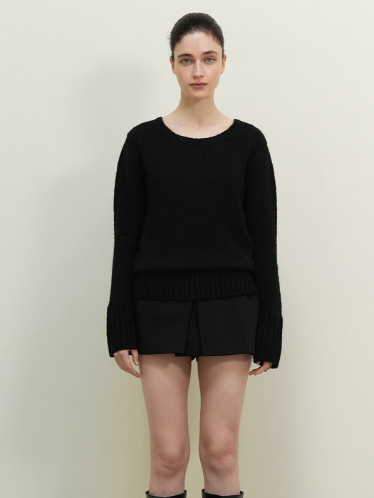 Double civet wool long sleeve knit - Black