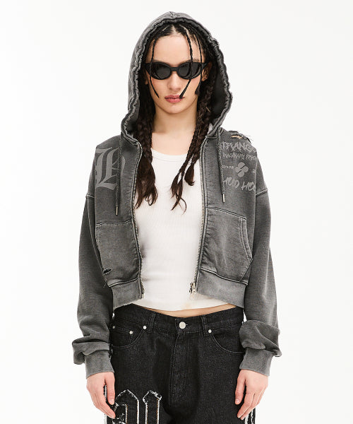 Pigment Damage Crop Hood Zip-Up Charcoal