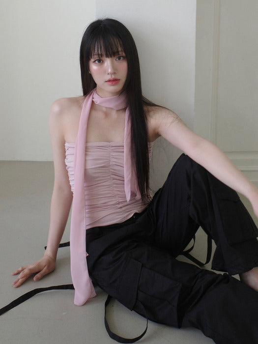 NEWALRIN Shirring Tube Top + Chiffon Muffler Set