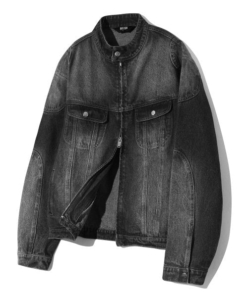 Faded Wash Biker Denim Jacket (BLACK)