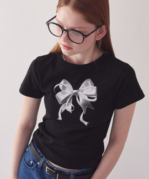 Double Ribbon Slim Crop T-Shirt Black Silver