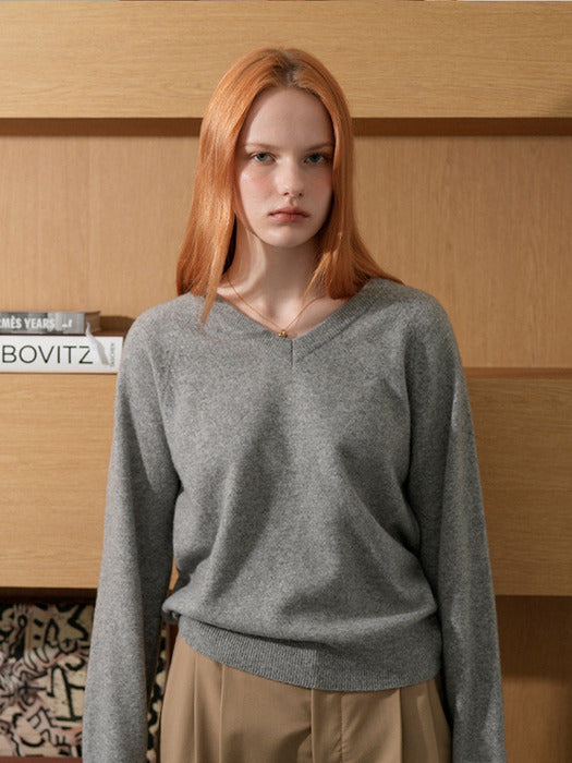 Wool 100% V-neck Raglan Knit (Gray)