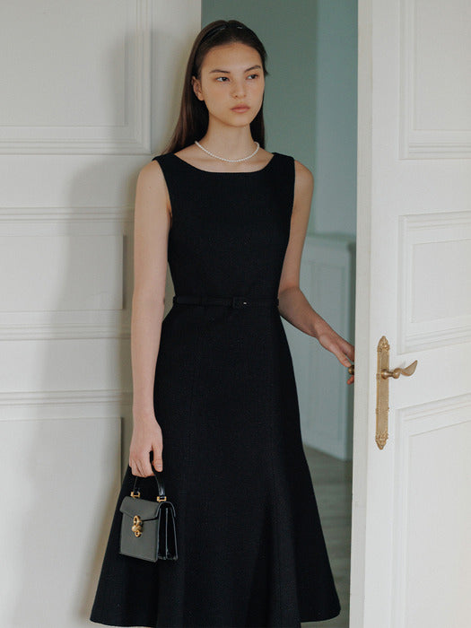 ELLIOTT Boat neck sleeveless semi mermaid tweed long dress (Black)