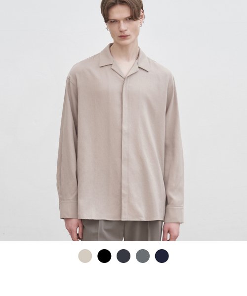 Linen Hidden Loose Fit Open Collar Shirt [5COLORS]