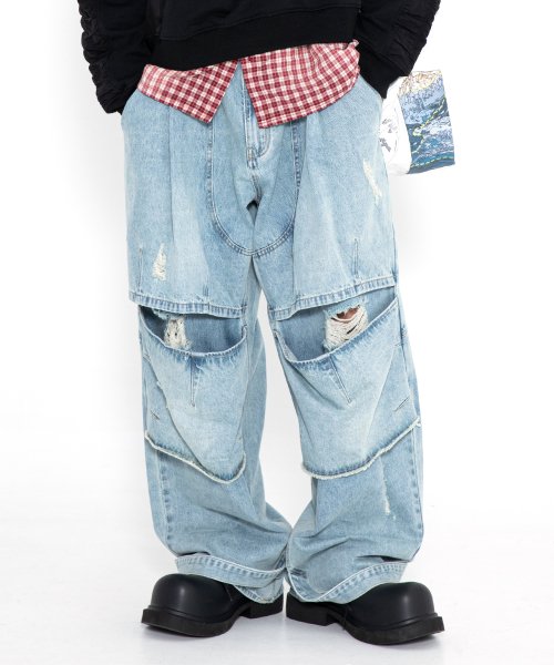 XP207 Double Layering Damage Incision Denim Pants (Blue)