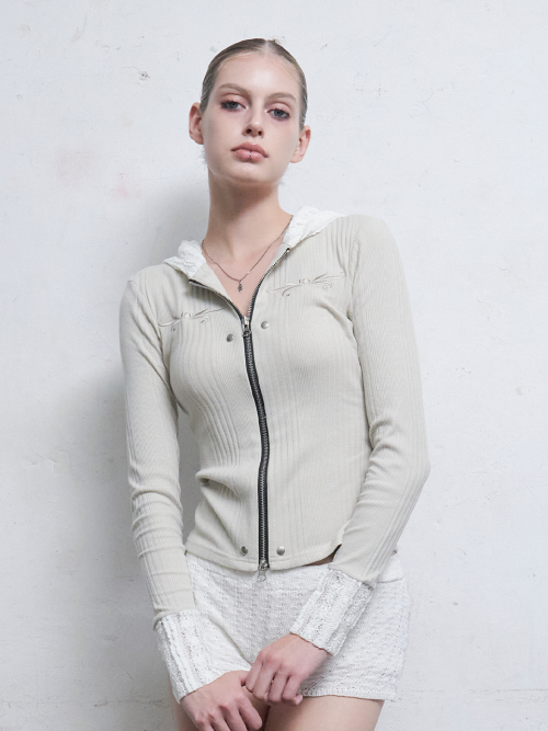 Lace Embroidery Hood Zip-up [Ivory]
