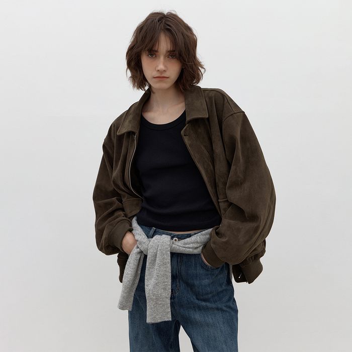 [3rd/Pre-orders] Suede bomber jacket (khaki brown)