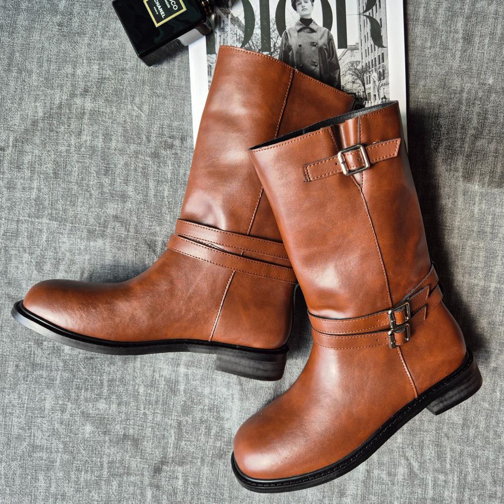 Monda Biker Boots Cowhide Middle Boots Heeled Boots Low Boots