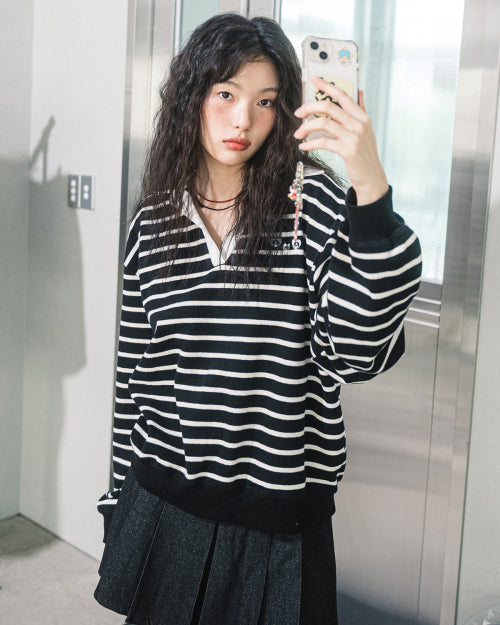 3 HR STRIPE OPEN COLLAR SWEATSHIRT (BLACK)