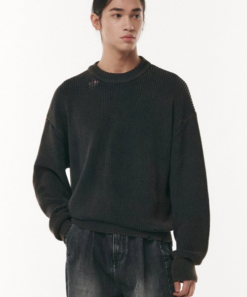 Leather Patched Damaged Knit D.Grey